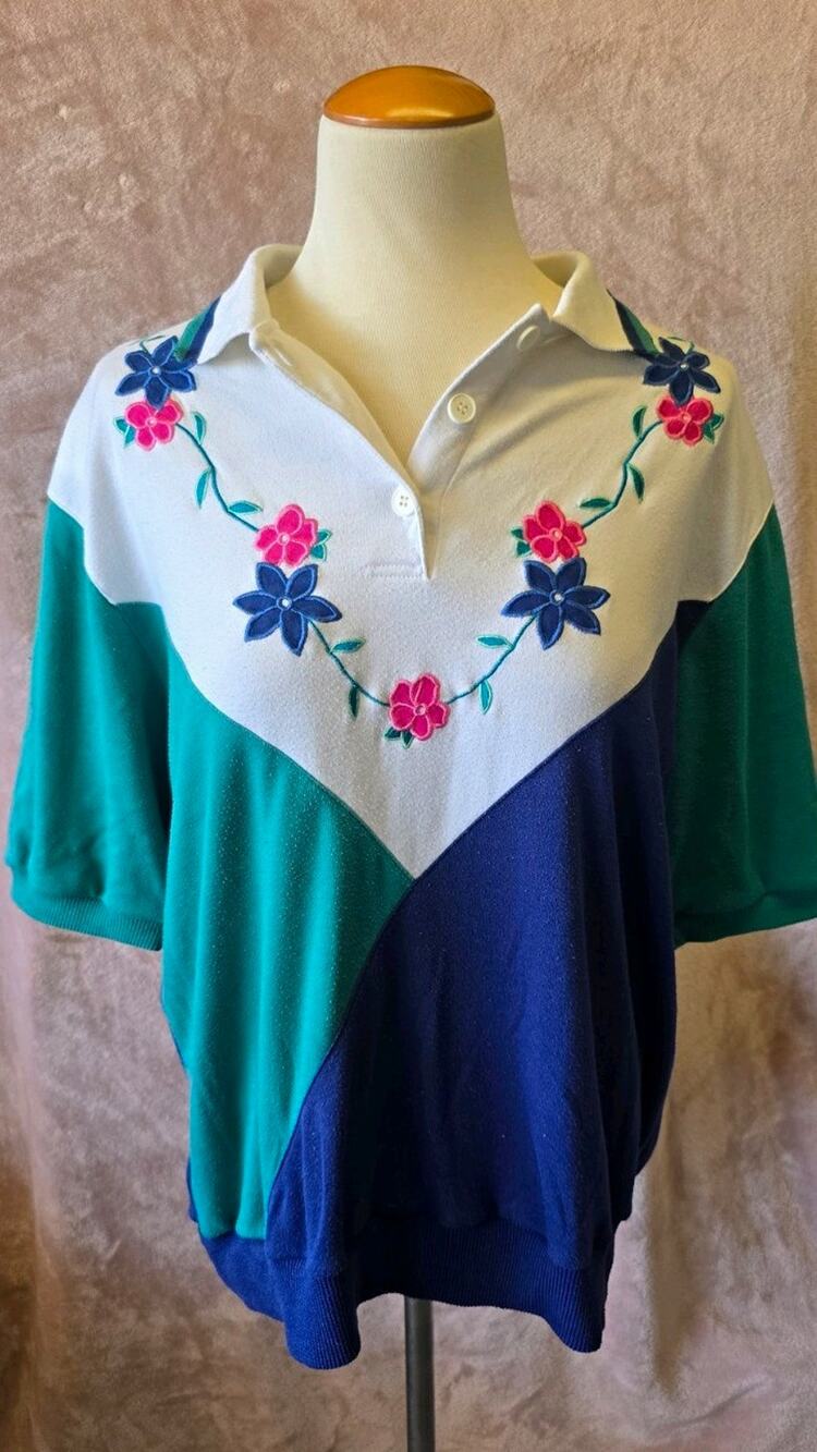 Vintage 90s Hasting & Smith XL Floral Embroidered Colorblock Polo Grandmacore